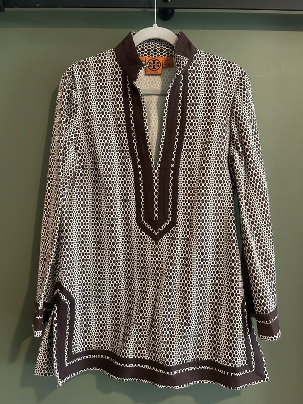 Tory Burch Brown & White Geometric Tunic